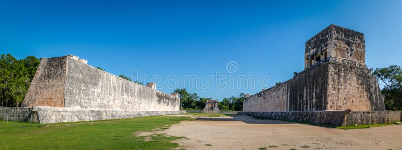 Panoramic view of ball game court juego de pelota at Chichen Itza - Mexico stock images