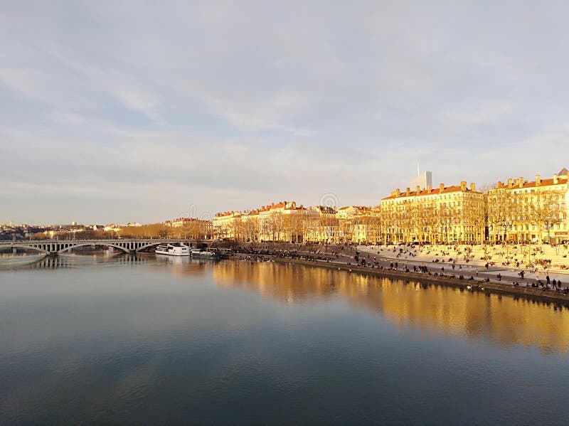 The Rhone River at Sunset in Lyon, France Stock Photo Image of