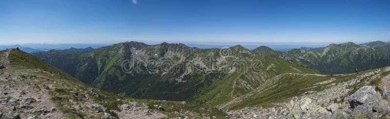 Panoramic view from Baranec peak on Western Tatra mountains or Rohace panorama. Sharp green mountains - ostry rohac