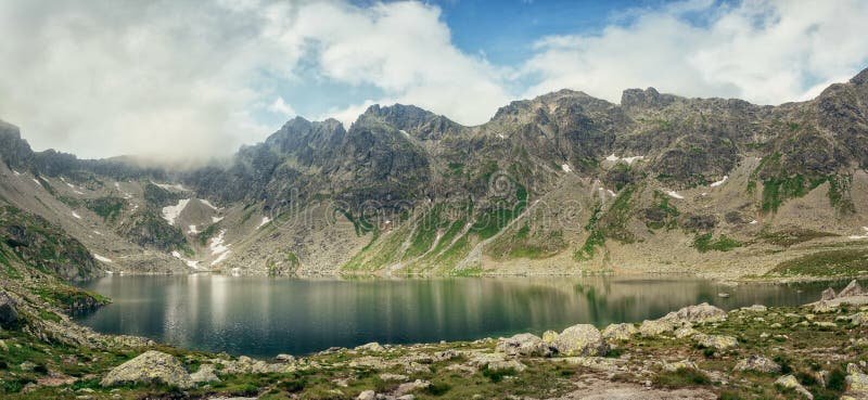 Panoramic view of beautiful mountains in High Tatras. Hincovo pleso in Slovakia, central Europe