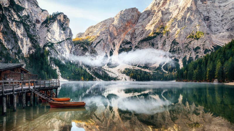 Panoramic view of Braies Lake in Dolomites, Italy royalty free stock photos Panoramic view of Braies Lake in Dolomites, Italy royalty free stock photos