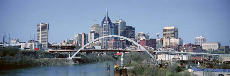 Panoramic view of bridge over Cumberland River and Nashville Skyline, TN stock photos Panoramic view of bridge over Cumberland River and Nashville Skyline, TN stock photos