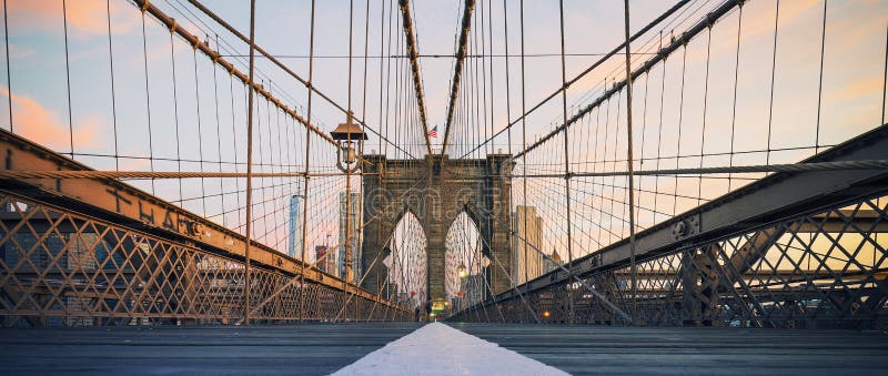 Panoramic view on Brooklyn Bridge stock images