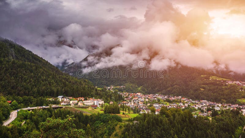 Panoramic view of Calalzo di Cadore in the Alps in Italy, Dolomites, near Belluno.