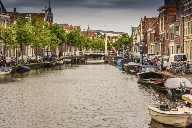 Panoramic view of a canal in the center of Alkmaar. netherlands holland stock photos Panoramic view of a canal in the center of Alkmaar. netherlands holland stock photos