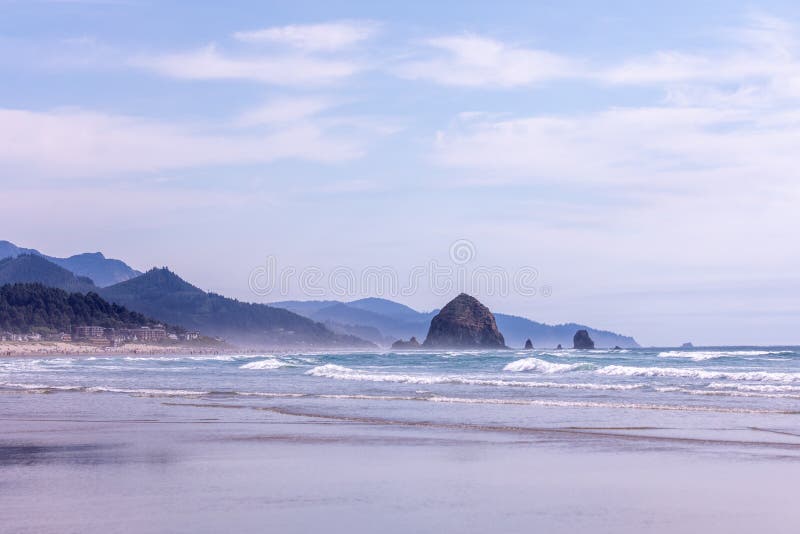 Panoramic View at Cannon City Beach and Haystack Rock, Oregon Stock