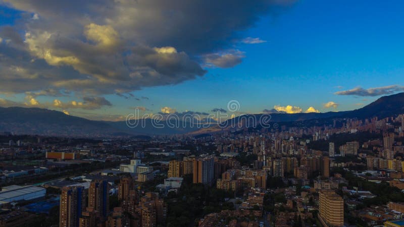 Panoramic view of the city of Medellin from the southern mountains at sunset