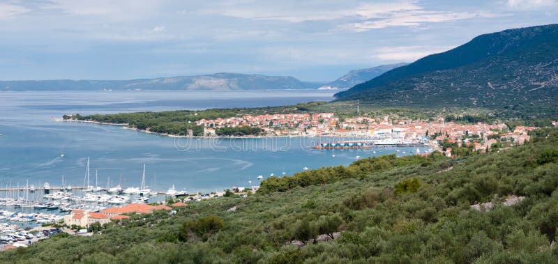 Panoramic view of Cres marina town and mountains