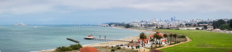 Panoramic view of Crissy Field and the bay shoreline royalty free stock images Panoramic view of Crissy Field and the bay shoreline royalty free stock images