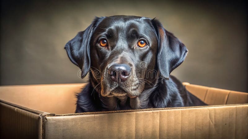 A Panoramic View of a Deeply Contemplative Black Labrador Retriever Resting in a Cardboard Box A Moment of vector illustration