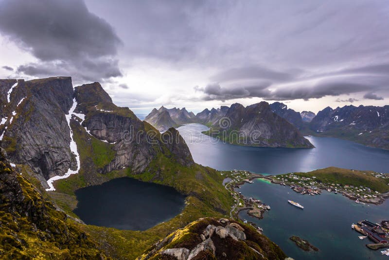 Panoramic View Of The Fishing Town Of Reine From The Top Of The