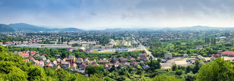 Panoramic view from the fortress wall of Palanok Castle on the city of Mukacheve and its surroundings