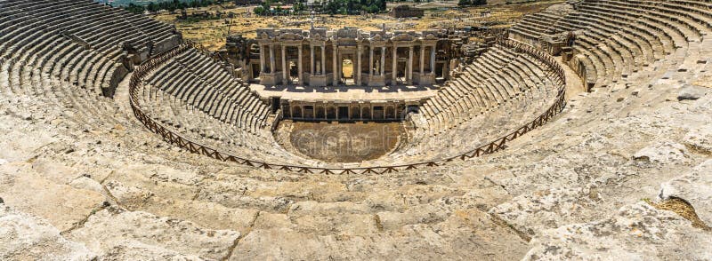 Panoramic view from Hierapolis Ancient CityTheater, Denizli, Turkey. Roman theater royalty free stock photography Panoramic view from Hierapolis Ancient CityTheater, Denizli, Turkey. Roman theater royalty free stock photography