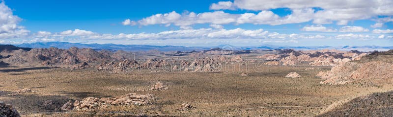 Panoramic view of the high desert speckled with sparse vegetation and the rocky outcrops of Joshua Tree National Park, California