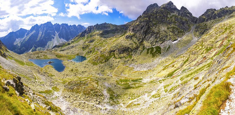 Panoramic view of High Tatras mountains and Zabie lakes, Slovakia royalty free stock images Panoramic view of High Tatras mountains and Zabie lakes, Slovakia royalty free stock images