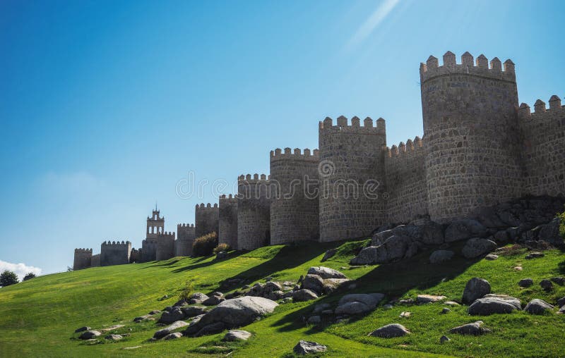 Panoramic view of historical medieval fortress city town stone wall in Avila Castile and Leon Spain