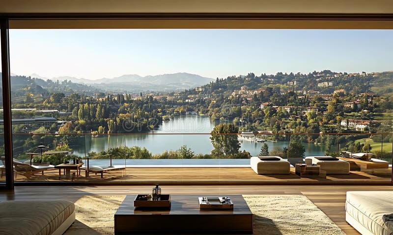 Panoramic View Interior with Lakeside Terrace vector illustration