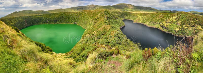 Panoramic view of Lagoa Negra and Lagoa Comprida on the Azores island of Flores - HDR image