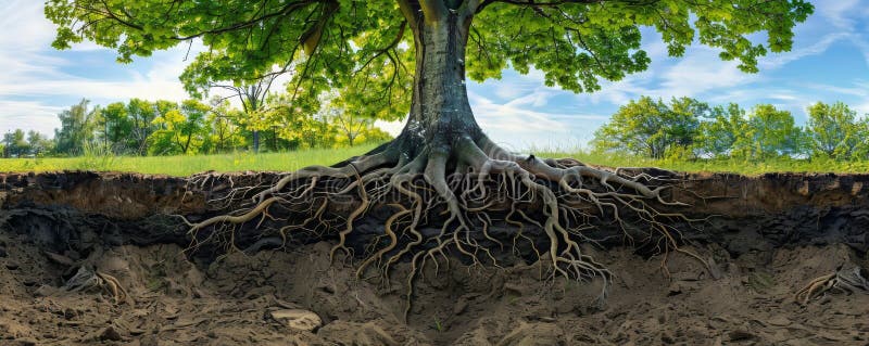 Panoramic view of a large tree with exposed roots on a soil cutaway stock photos