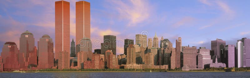 Panoramic view of Manhattan skyline at dusk royalty free stock images