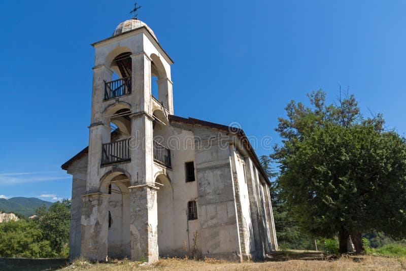 Panoramic view of Medieval church near tomb of Yane Sandanski in Rozhen village, Bulgaria