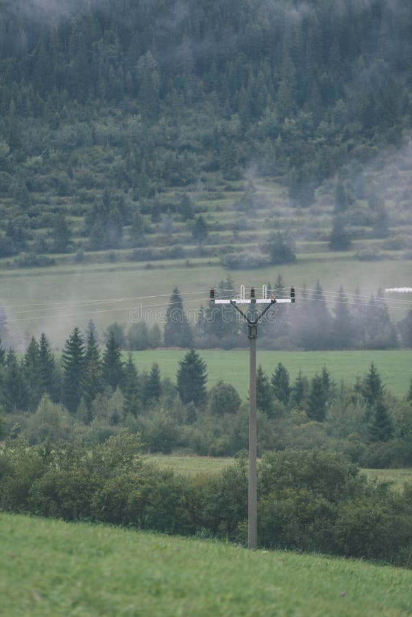 Panoramatický výhľad na hmlový les v horskej oblasti s elektrinou