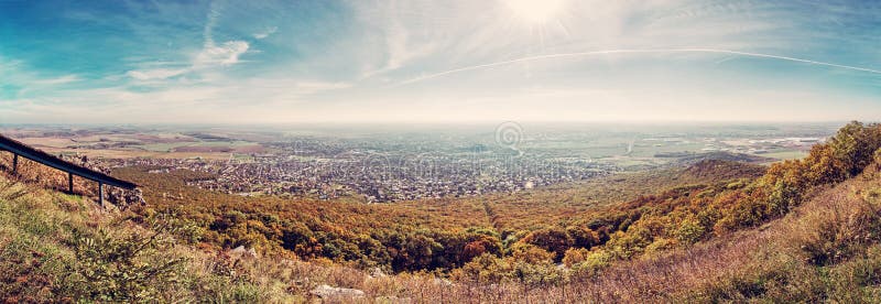 Panoramic view of the Nitra city from Zobor hill, red filter