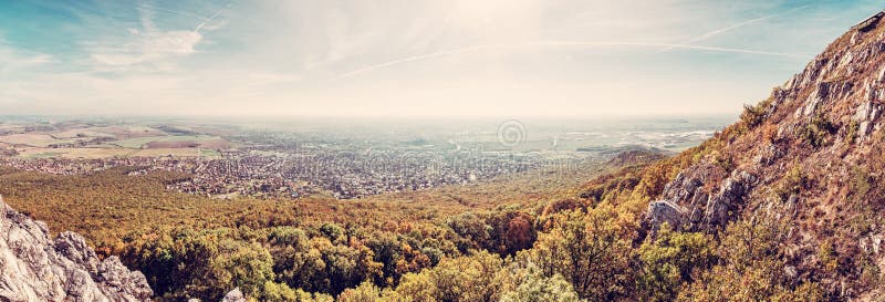 Panoramatický pohľad na mesto Nitra z vrchu Zobor, retro filter