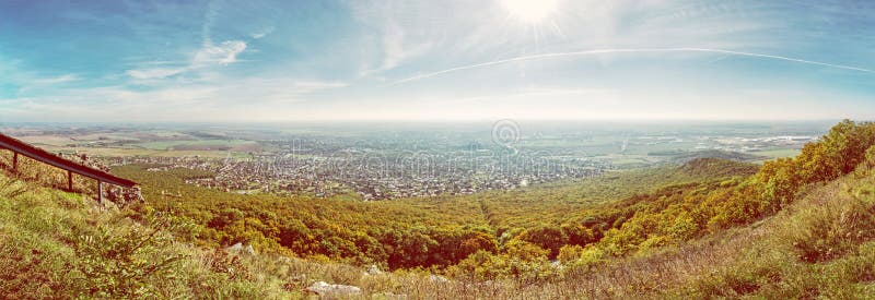 Panoramic view of the Nitra city from Zobor hill, yellow filter