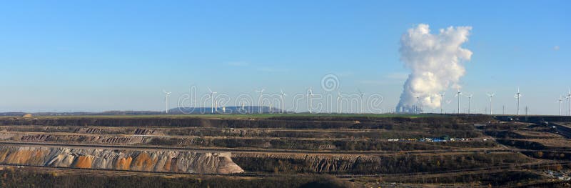Panoramic view open cast mining, power plant and wind energy stock images Panoramic view open cast mining, power plant and wind energy stock images
