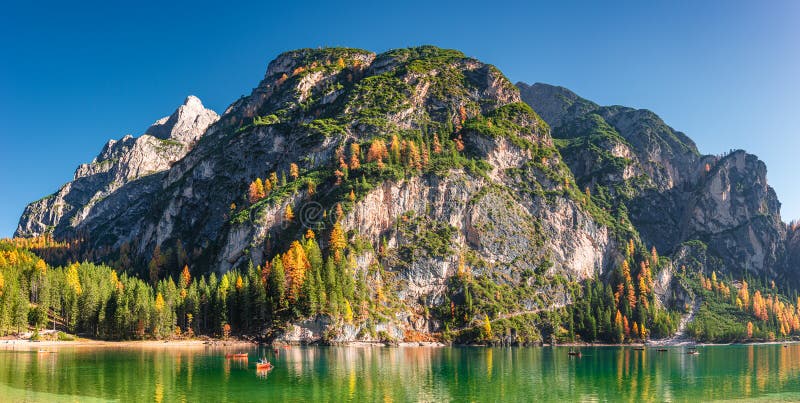 Panoramic View Over The Braies Lake Lago Di Braies And Dolomite