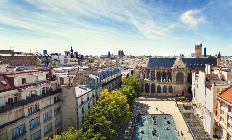 Panoramic view of Paris from the roof of The Centre Pompidou Museum building. France.