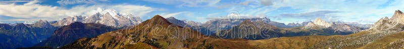 Panoramic view Passo Giau to Sella gruppe and Marmolada, Dolomites Alps Mountains, Italy