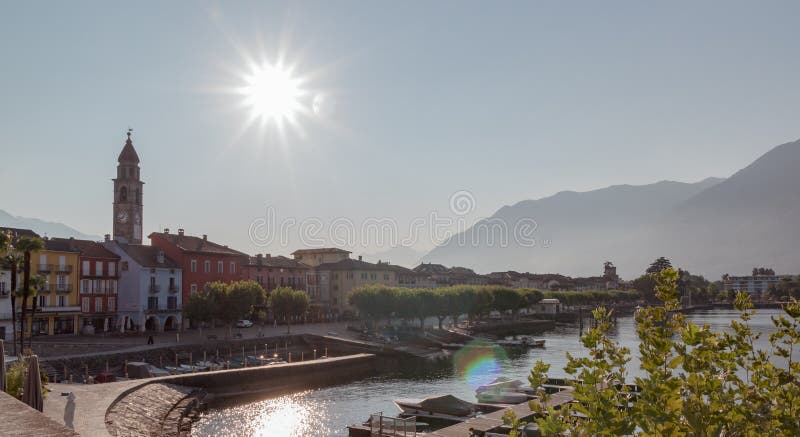 Panoramic view of the piazza in Ascona during a sunny day stock image Panoramic view of the piazza in Ascona during a sunny day stock image