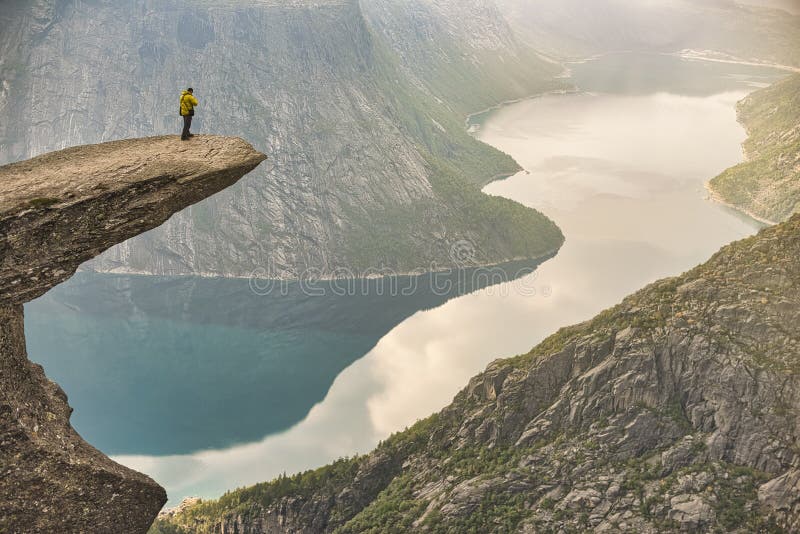 Panoramic view of picturesque view of Trolltunga and the fjord underneath