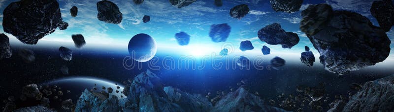 Panoramic view of planet Earth with asteroids flying close 3D re royalty free illustration Panoramic view of planet Earth with asteroids flying close 3D re royalty free illustration