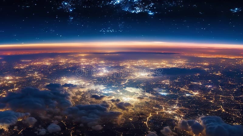 Panoramic view on planet Earth globe from space. Glowing city lights, light clouds. Generative AI stock illustration