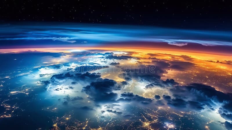 Panoramic view on planet Earth globe from space. Glowing city lights, light clouds. Generative AI stock illustration