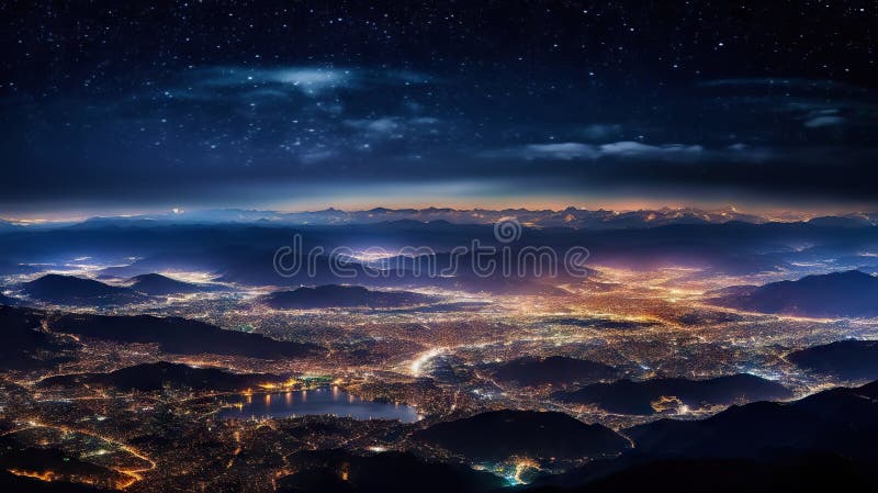 Panoramic view on planet Earth globe from space. Glowing city lights, light clouds. Generative AI vector illustration