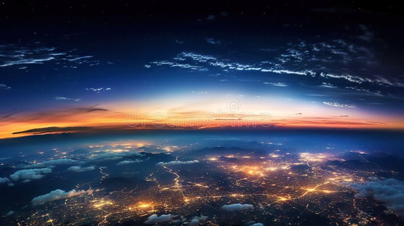 Panoramic view on planet Earth globe from space. Glowing city lights, light clouds. Generative AI royalty free illustration