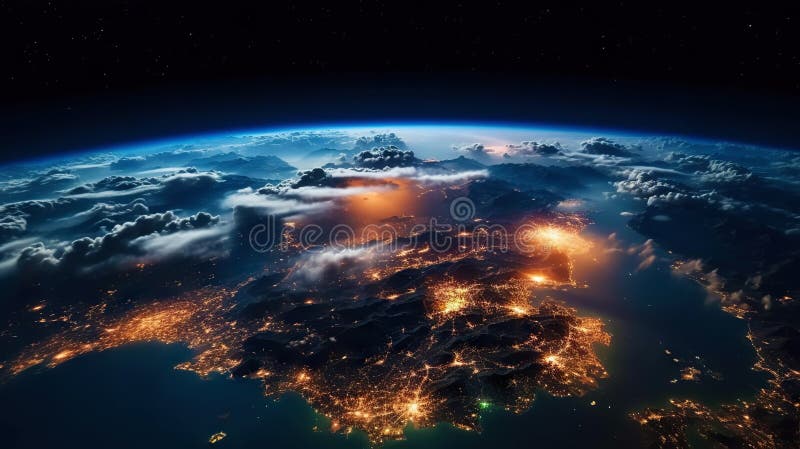 Panoramic view on planet Earth globe from space. Glowing city lights, light clouds. Generative AI royalty free illustration