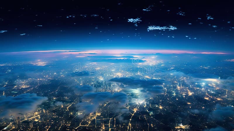 Panoramic view on planet Earth globe from space. Glowing city lights, light clouds. Generative AI vector illustration