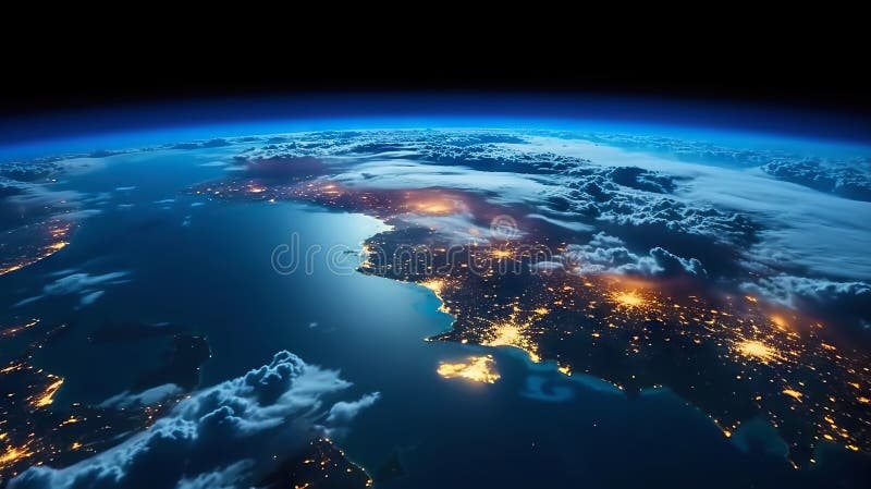 Panoramic view on planet Earth globe from space. Glowing city lights, light clouds. Generative AI royalty free illustration