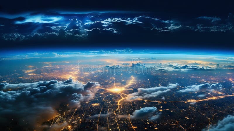 Panoramic view on planet Earth globe from space. Glowing city lights, light clouds. Generative AI royalty free illustration