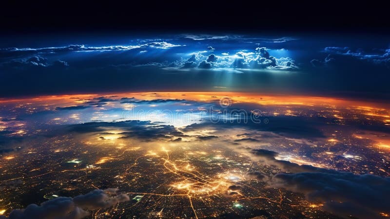 Panoramic view on planet Earth globe from space. Glowing city lights, light clouds. Generative AI stock illustration