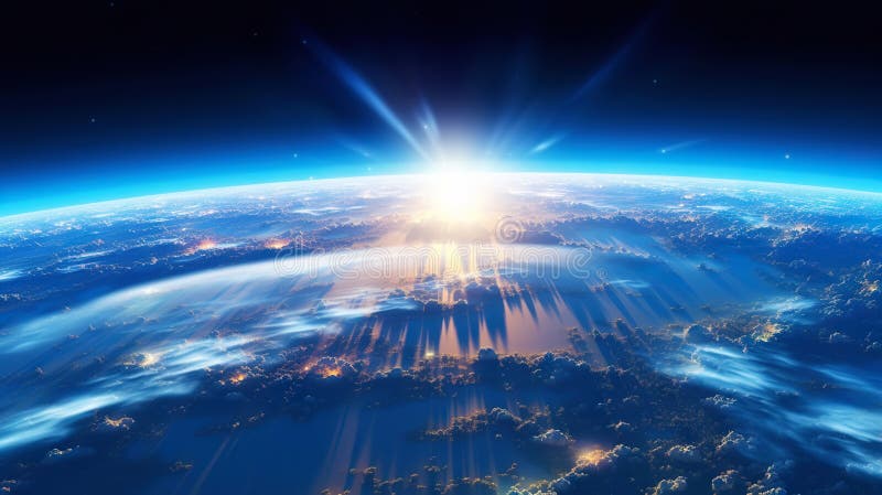 Panoramic view on planet Earth globe from space. Glowing city lights, light clouds. Generative AI vector illustration
