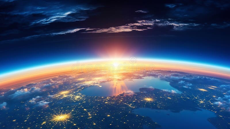 Panoramic view on planet Earth globe from space. Glowing city lights, light clouds. Generative AI vector illustration