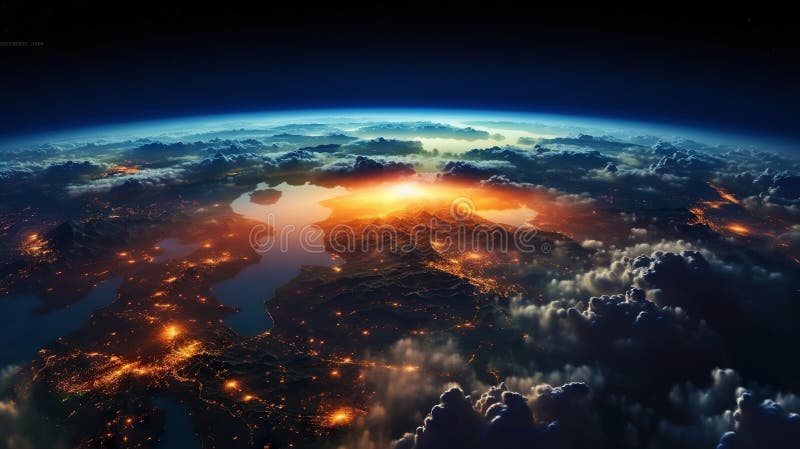 Panoramic view on planet Earth globe from space. Glowing city lights, light clouds. Generative AI stock illustration