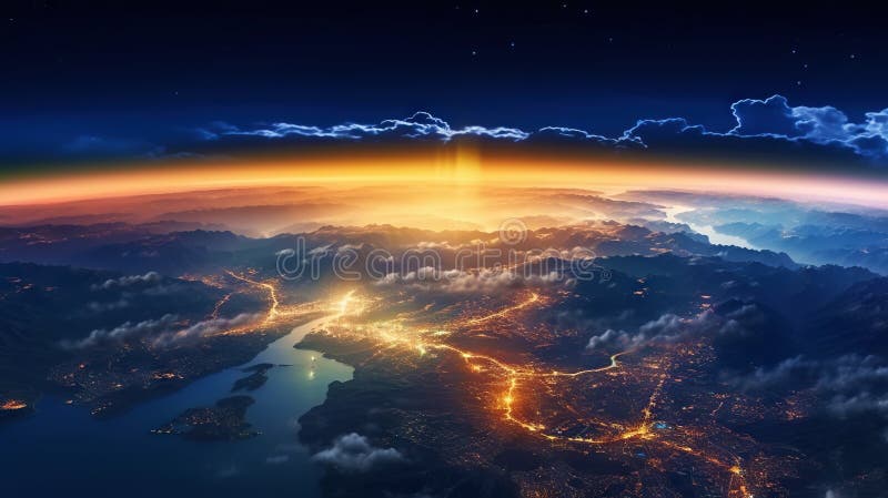 Panoramic view on planet Earth globe from space. Glowing city lights, light clouds. Generative AI stock illustration