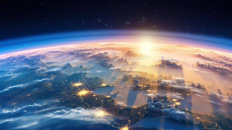Panoramic view on planet Earth globe from space. Glowing city lights, light clouds. Generative AI stock illustration
